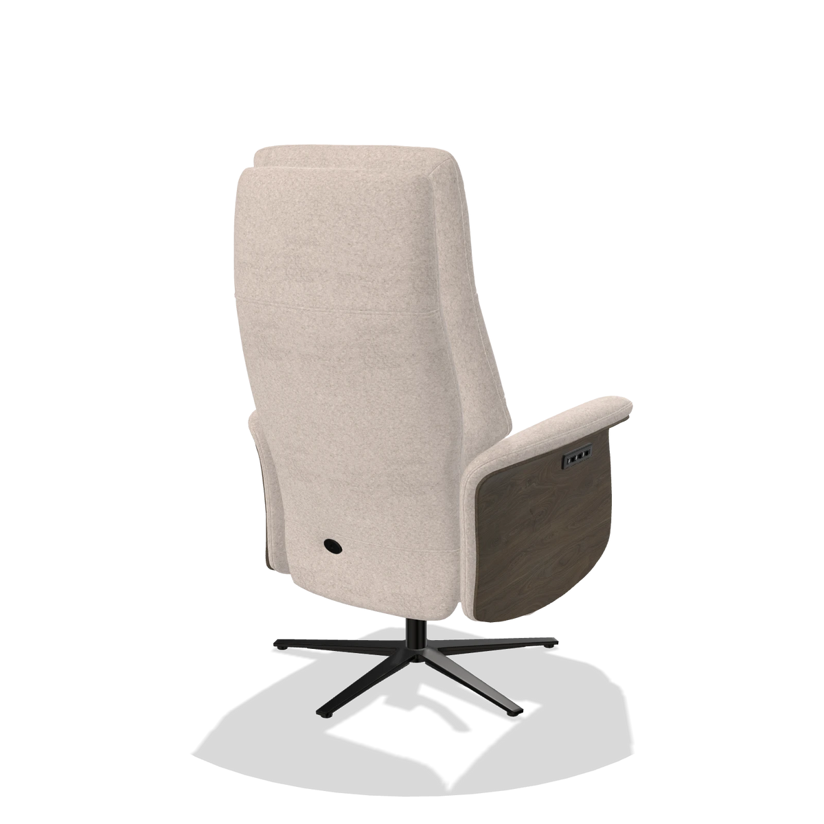 Recliner Atlas 6685 in Venga 102 fabric (light grey), walnut wood side panels, black metal base, back angled view