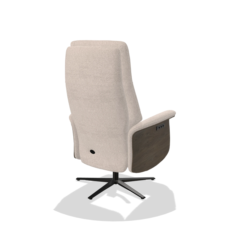 Recliner Atlas 6685 in Venga 102 fabric (light grey), walnut wood side panels, black metal base, back angled view
