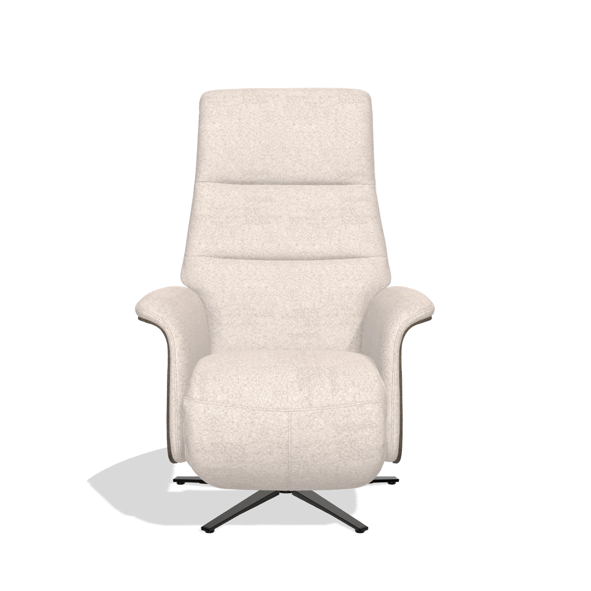 Recliner Atlas 6685 in Venga 102 fabric (light grey), walnut wood side panels, black metal base, front view