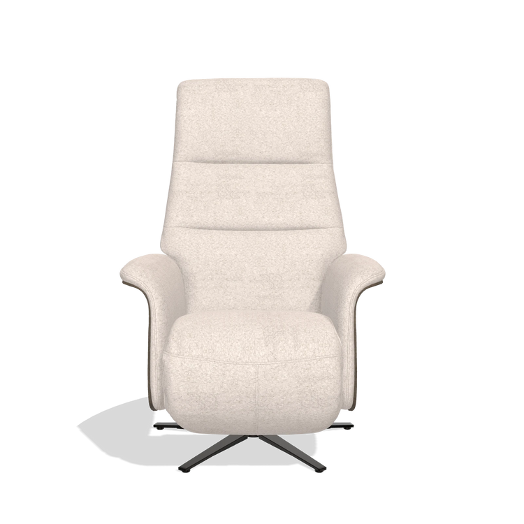 Recliner Atlas 6685 in Venga 102 fabric (light grey), walnut wood side panels, black metal base, front view