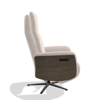 Recliner Atlas 6685 in Venga 102 fabric (light grey), walnut wood side panels, black metal base, side view
