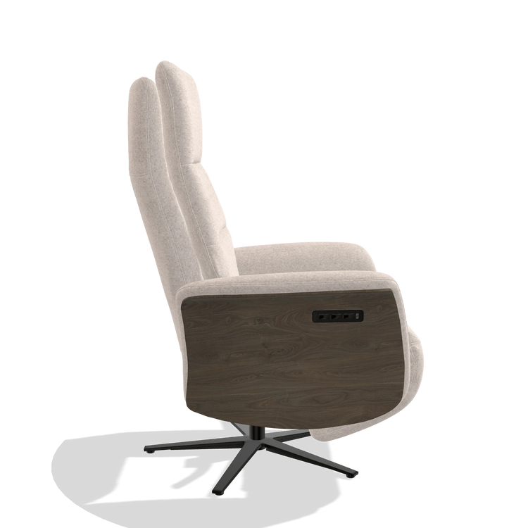 Recliner Atlas 6685 in Venga 102 fabric (light grey), walnut wood side panels, black metal base, side view