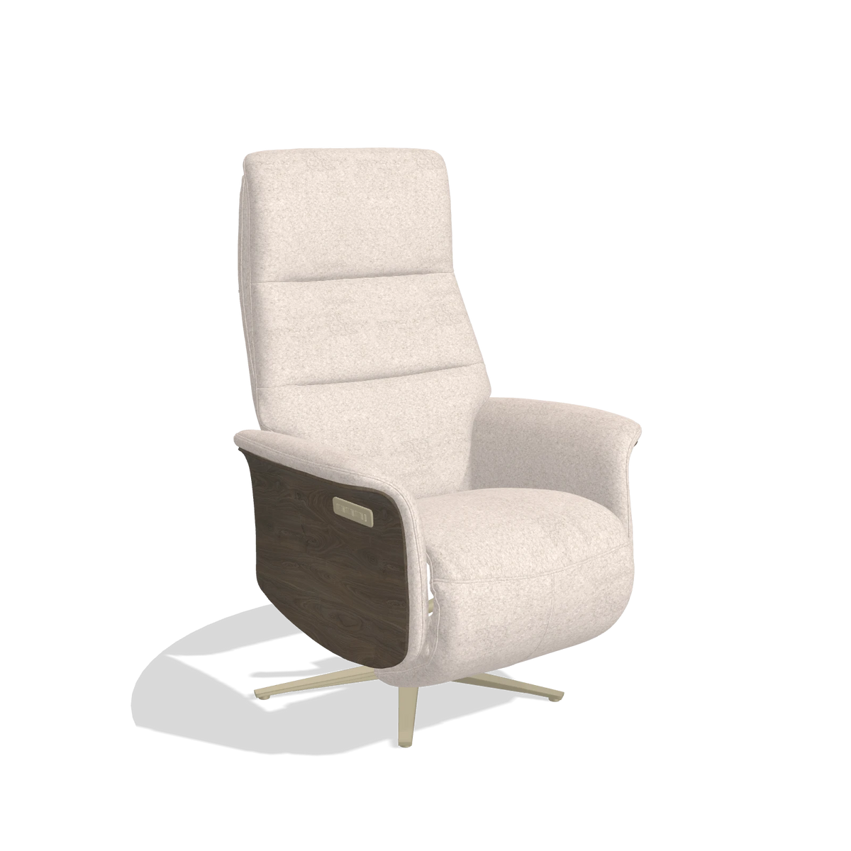Recliner Atlas 6685 in Venga 102 fabric (light grey), walnut wood side panels, champagne metal base, angled view