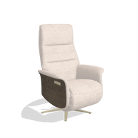Recliner Atlas 6685 in Venga 102 fabric (light grey), walnut wood side panels, champagne metal base, angled view