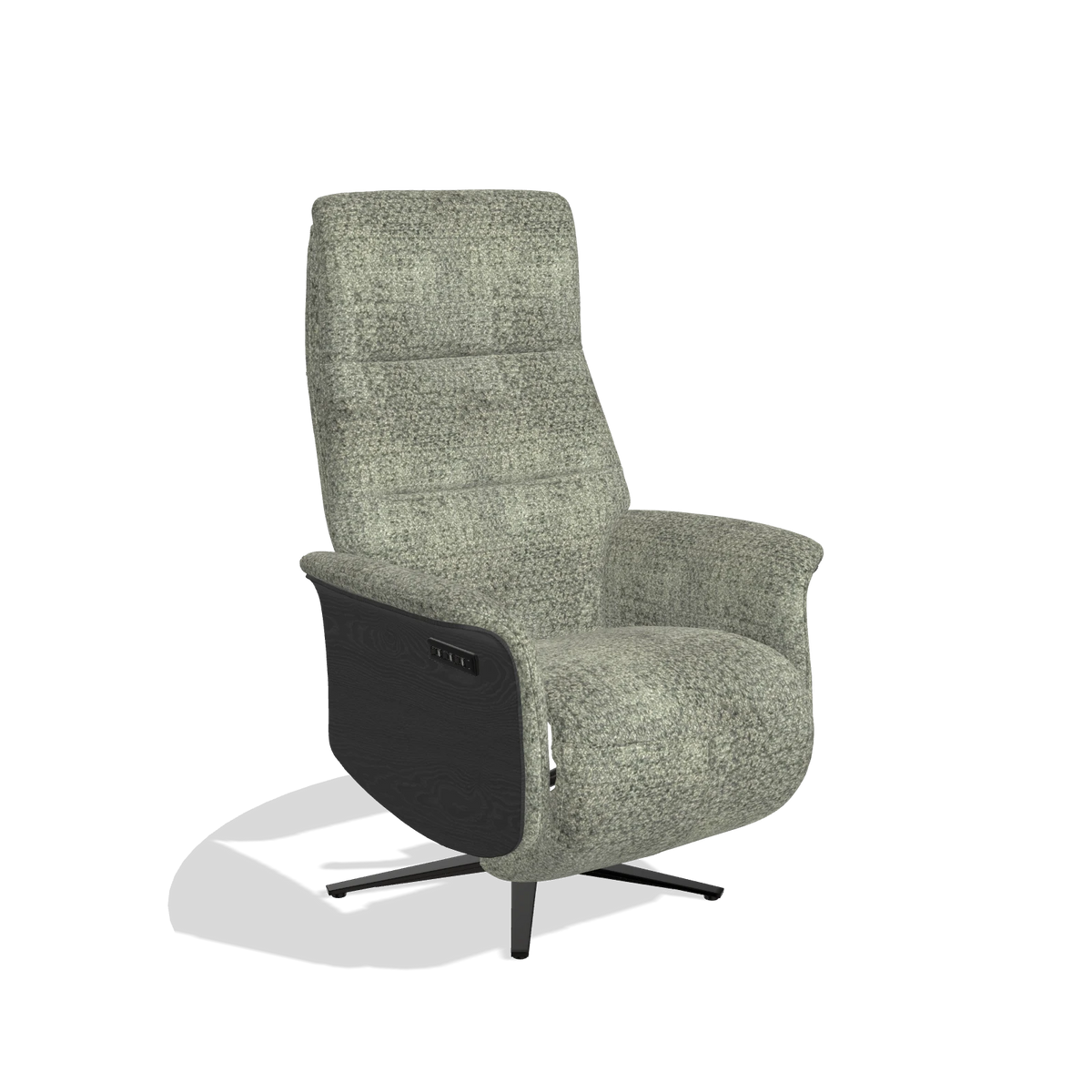 Recliner Atlas 6685 in Venga 156 fabric (taupe), black wood side panels, black metal base, angled view