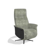 Recliner Atlas 6685 in Venga 156 fabric (taupe), black wood side panels, black metal base, angled view