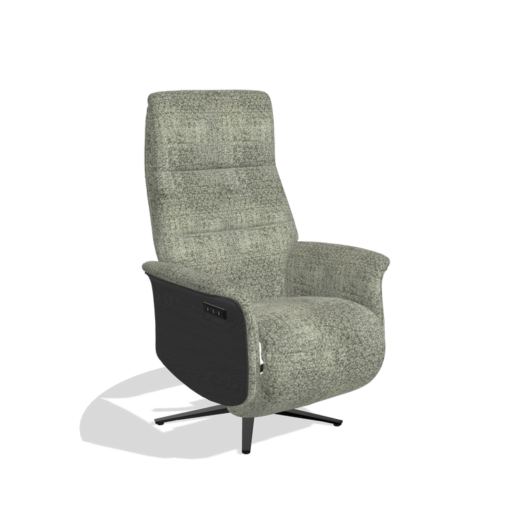 Recliner Atlas 6685 in Venga 156 fabric (taupe), black wood side panels, black metal base, angled view