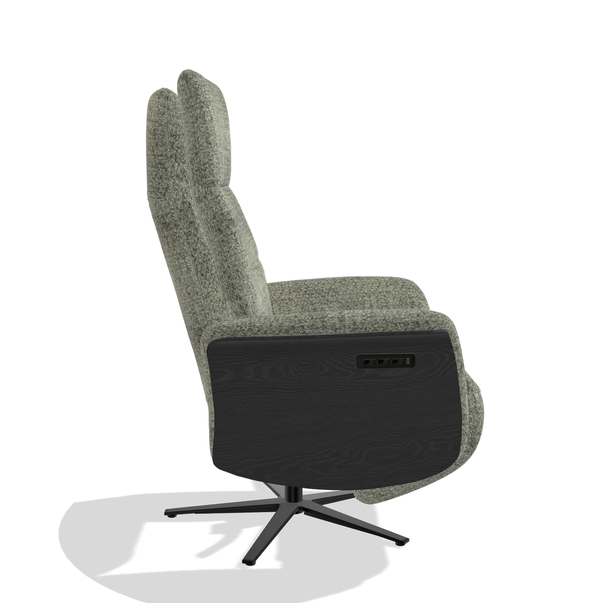 Recliner Atlas 6685 in Venga 156 fabric (taupe), black wood side panels, black metal base, side view