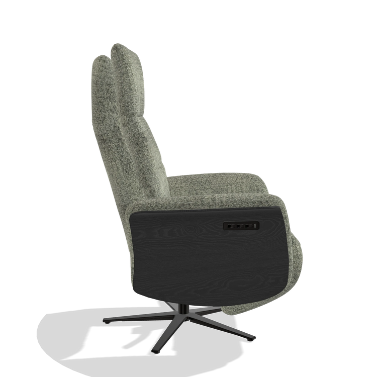 Recliner Atlas 6685 in Venga 156 fabric (taupe), black wood side panels, black metal base, side view