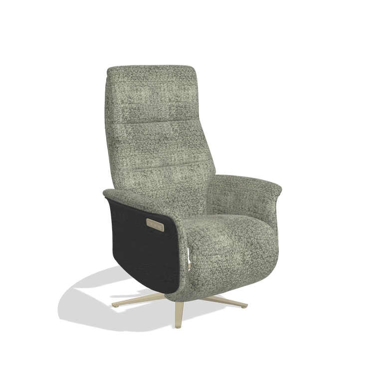 Recliner Atlas 6685 in Venga 156 fabric (taupe), black wood side panels, champagne metal base, angled view