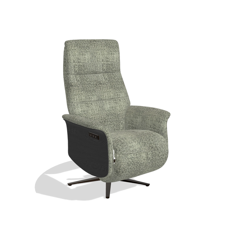 Recliner Atlas 6685 in Venga 156 fabric (taupe), black wood side panels, espresso metal base, angled view