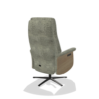 Recliner Atlas 6685 in Venga 156 fabric (taupe), natural wood side panels, black metal base, back angled view