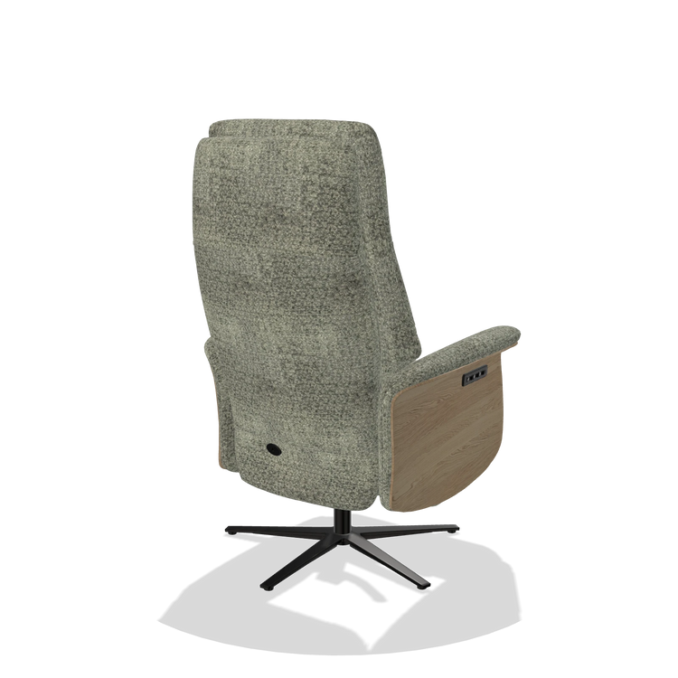 Recliner Atlas 6685 in Venga 156 fabric (taupe), natural wood side panels, black metal base, back angled view