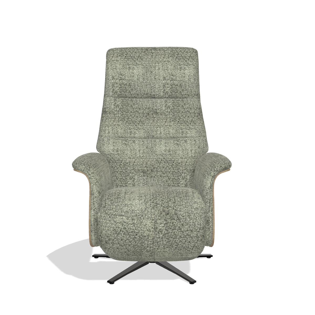 Recliner Atlas 6685 in Venga 156 fabric (taupe), natural wood side panels, black metal base, front view