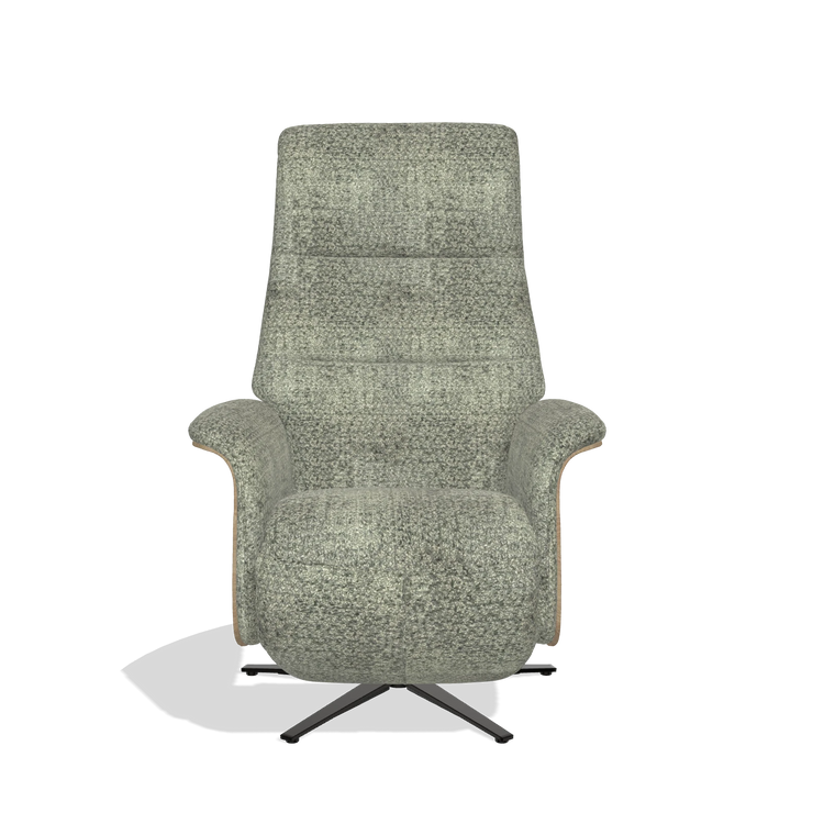 Recliner Atlas 6685 in Venga 156 fabric (taupe), natural wood side panels, black metal base, front view