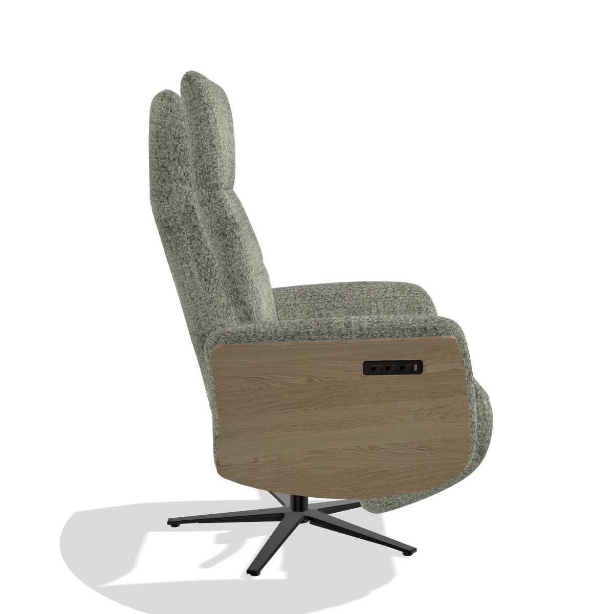 Recliner Atlas 6685 in Venga 156 fabric (taupe), natural wood side panels, black metal base, side view
