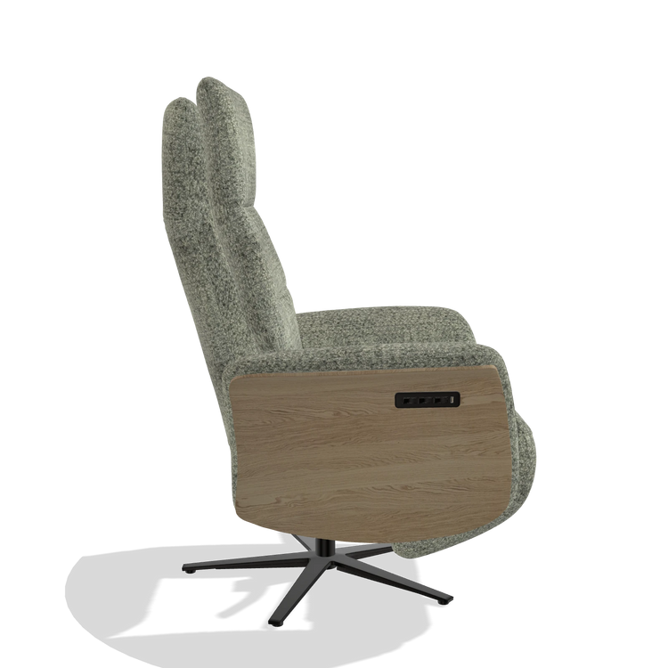 Recliner Atlas 6685 in Venga 156 fabric (taupe), natural wood side panels, black metal base, side view