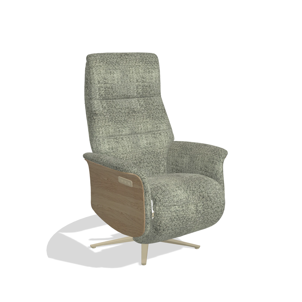 Recliner Atlas 6685 in Venga 156 fabric (taupe), natural wood side panels, champagne metal base, angled view
