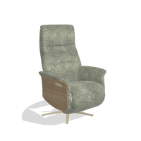Recliner Atlas 6685 in Venga 156 fabric (taupe), natural wood side panels, champagne metal base, angled view