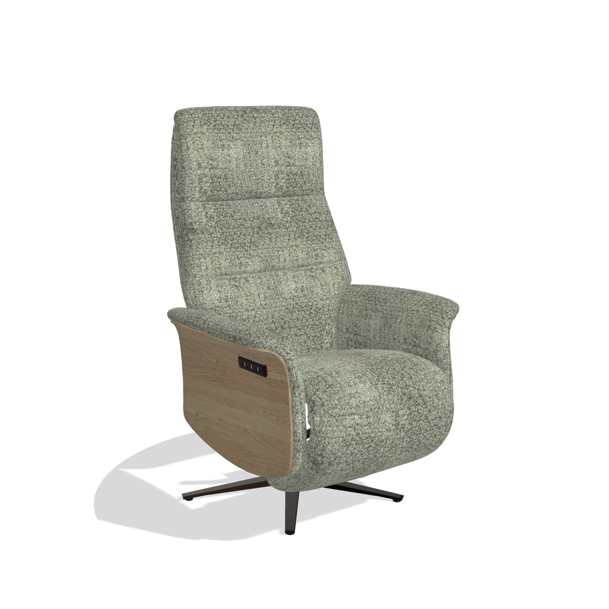 Recliner Atlas 6685 in Venga 156 fabric (taupe), natural wood side panels, espresso metal base, angled view