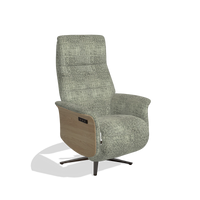 Recliner Atlas 6685 in Venga 156 fabric (taupe), natural wood side panels, espresso metal base, angled view