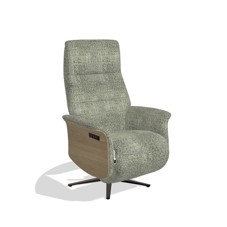 Recliner Atlas 6685 in Venga 156 fabric (taupe), natural wood side panels, espresso metal base, angled view