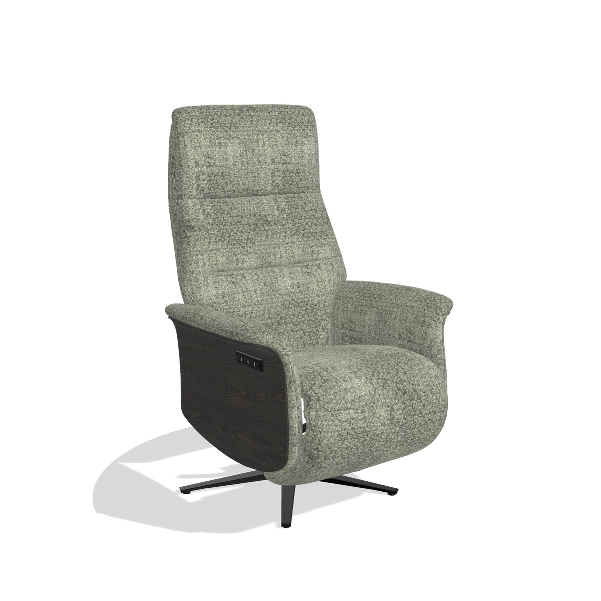 Recliner Atlas 6685 in Venga 156 fabric (taupe), tobacco wood side panels, black metal base, angled view
