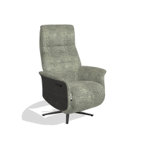 Recliner Atlas 6685 in Venga 156 fabric (taupe), tobacco wood side panels, black metal base, angled view