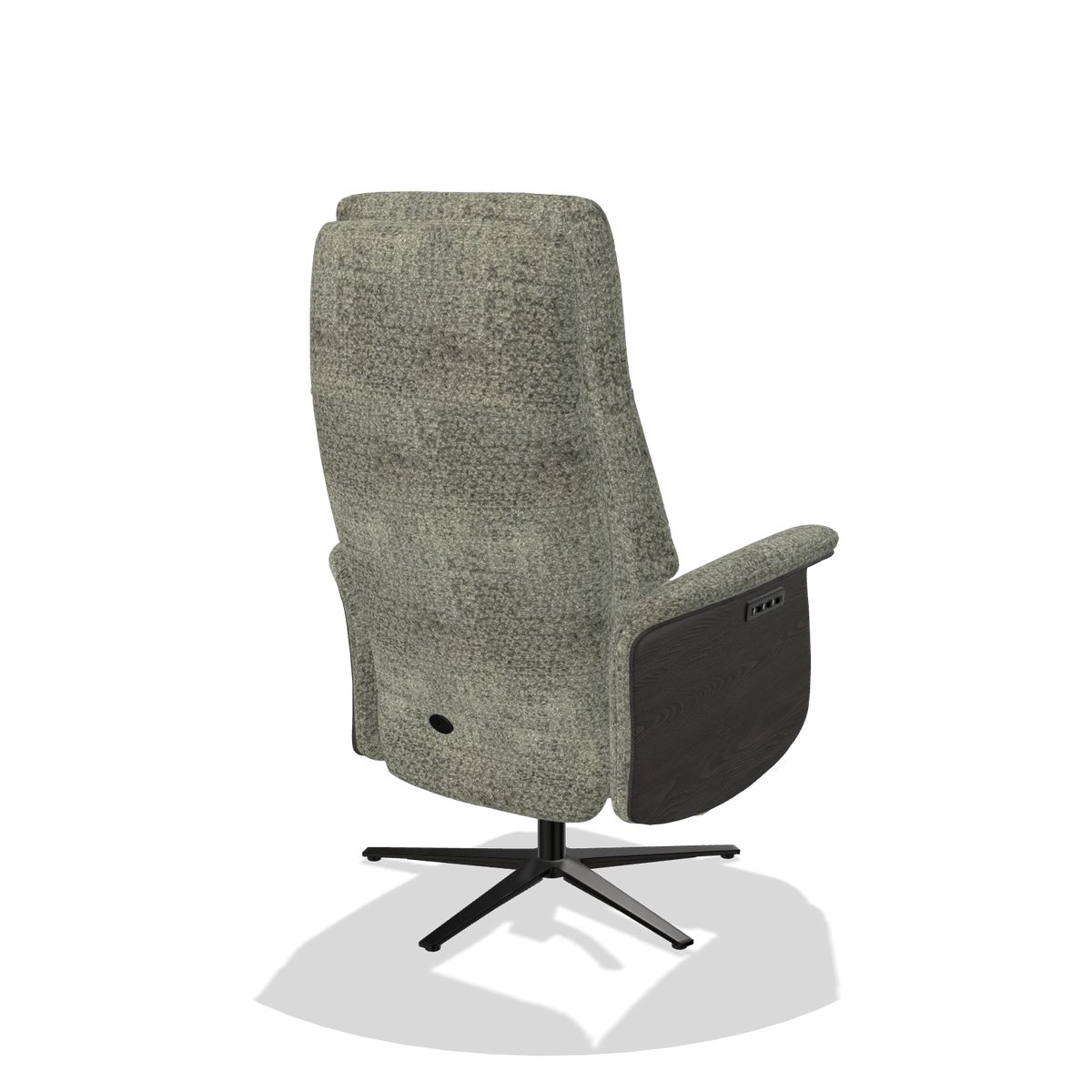 Recliner Atlas 6685 in Venga 156 fabric (taupe), tobacco wood side panels, black metal base, back angled view