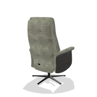 Recliner Atlas 6685 in Venga 156 fabric (taupe), tobacco wood side panels, black metal base, back angled view