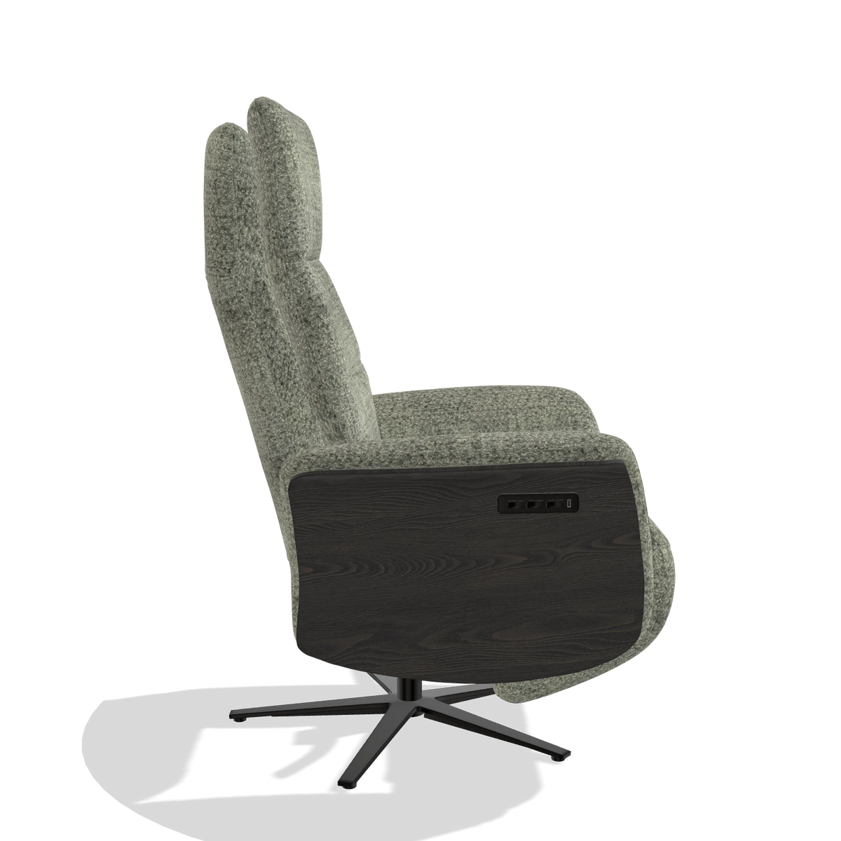 Recliner Atlas 6685 in Venga 156 fabric (taupe), tobacco wood side panels, black metal base, side view