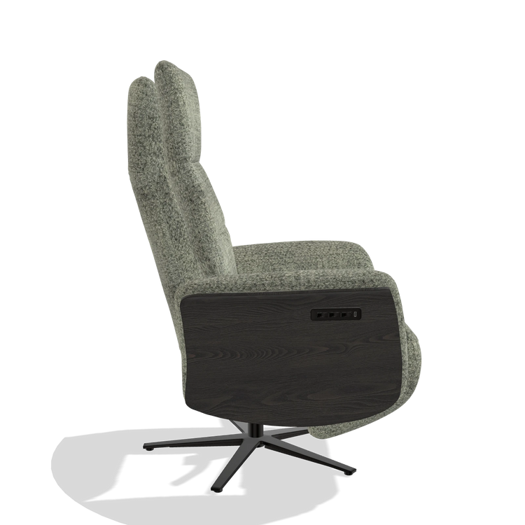 Recliner Atlas 6685 in Venga 156 fabric (taupe), tobacco wood side panels, black metal base, side view