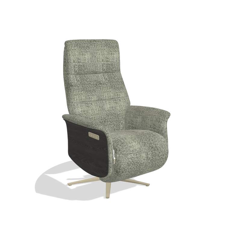 Recliner Atlas 6685 in Venga 156 fabric (taupe), tobacco wood side panels, champagne metal base, angled view