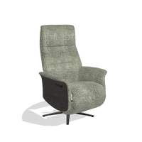 Recliner Atlas 6685 in Venga 156 fabric (taupe), tobacco wood side panels, espresso metal base, angled view