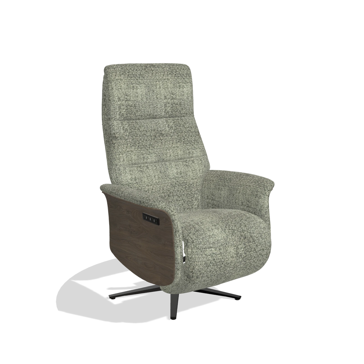 Recliner Atlas 6685 in Venga 156 fabric (taupe), walnut wood side panels, black metal base, angled view