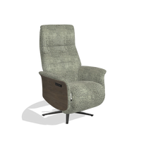 Recliner Atlas 6685 in Venga 156 fabric (taupe), walnut wood side panels, black metal base, angled view
