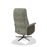 Recliner Atlas 6685 in Venga 156 fabric (taupe), walnut wood side panels, black metal base, back angled view