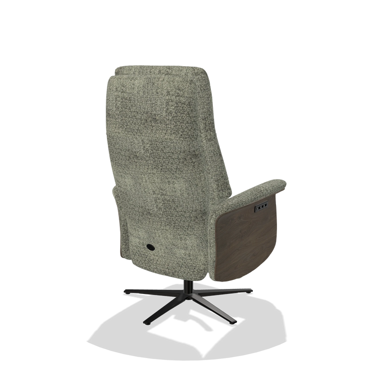 Recliner Atlas 6685 in Venga 156 fabric (taupe), walnut wood side panels, black metal base, back angled view