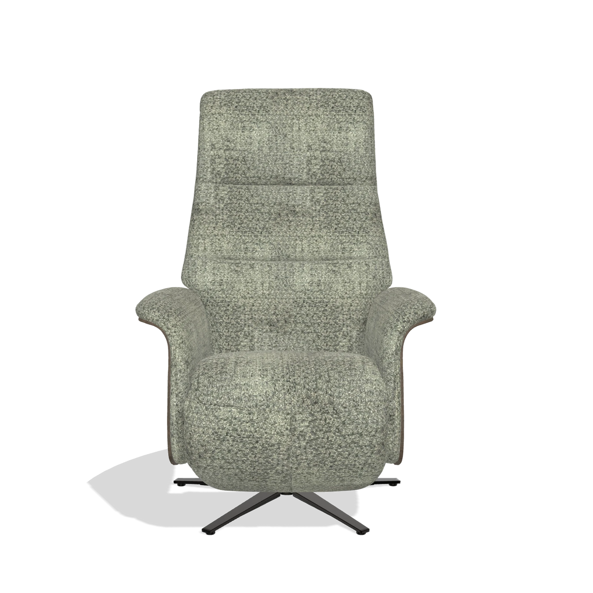 Recliner Atlas 6685 in Venga 156 fabric (taupe), walnut wood side panels, black metal base, front view