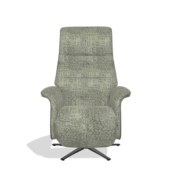 Recliner Atlas 6685 in Venga 156 fabric (taupe), walnut wood side panels, black metal base, front view