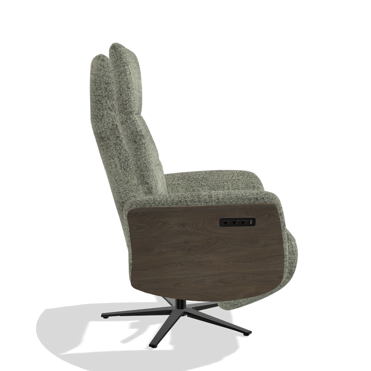 Recliner Atlas 6685 in Venga 156 fabric (taupe), walnut wood side panels, black metal base, side view