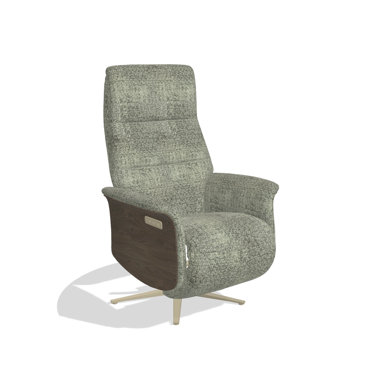 Recliner Atlas 6685 in Venga 156 fabric (taupe), walnut wood side panels, champagne metal base, angled view