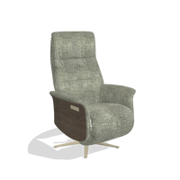 Recliner Atlas 6685 in Venga 156 fabric (taupe), walnut wood side panels, champagne metal base, angled view