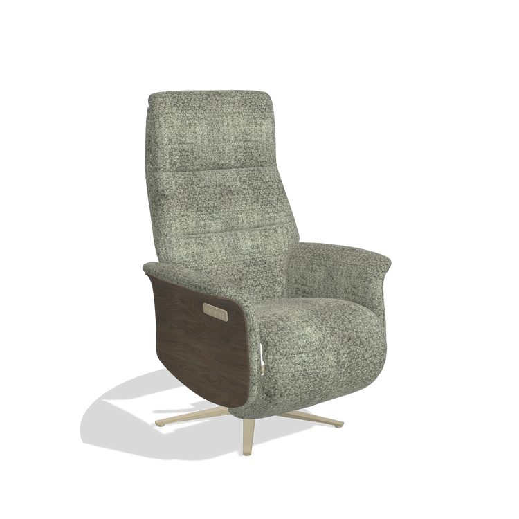 Recliner Atlas 6685 in Venga 156 fabric (taupe), walnut wood side panels, champagne metal base, angled view