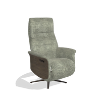 Recliner Atlas 6685 in Venga 156 fabric (taupe), walnut wood side panels, espresso metal base, angled view
