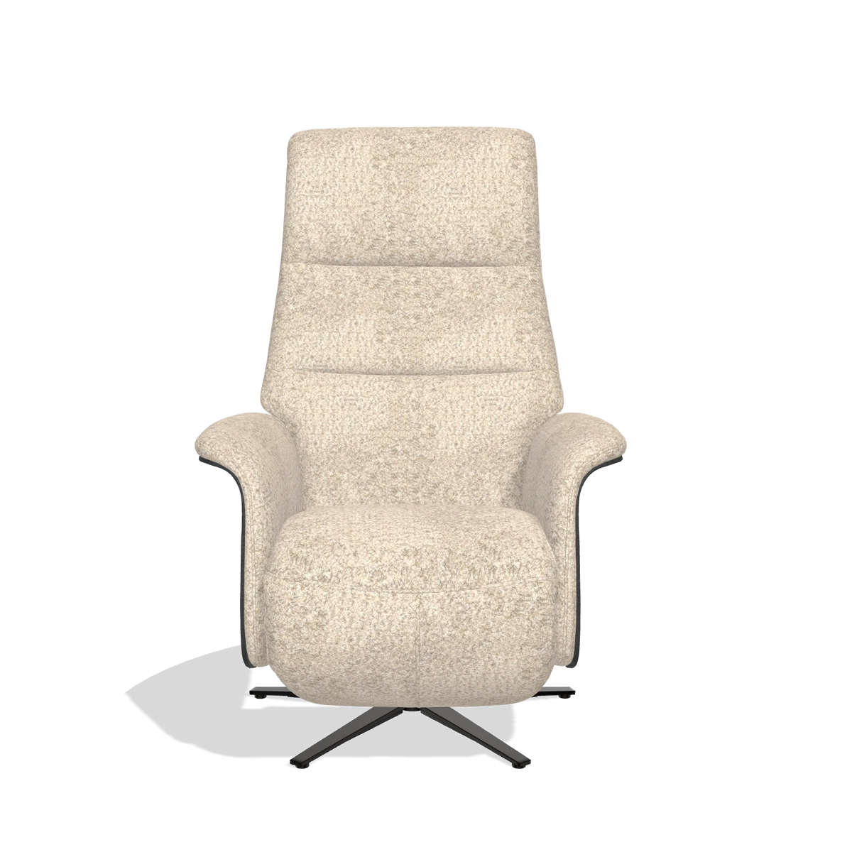 Recliner Atlas 6685 in Venga 214 fabric (light grey), black wood side panels, black metal base, front view