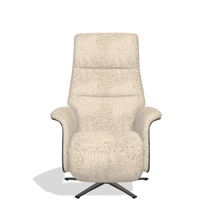 Recliner Atlas 6685 in Venga 214 fabric (light grey), black wood side panels, black metal base, front view