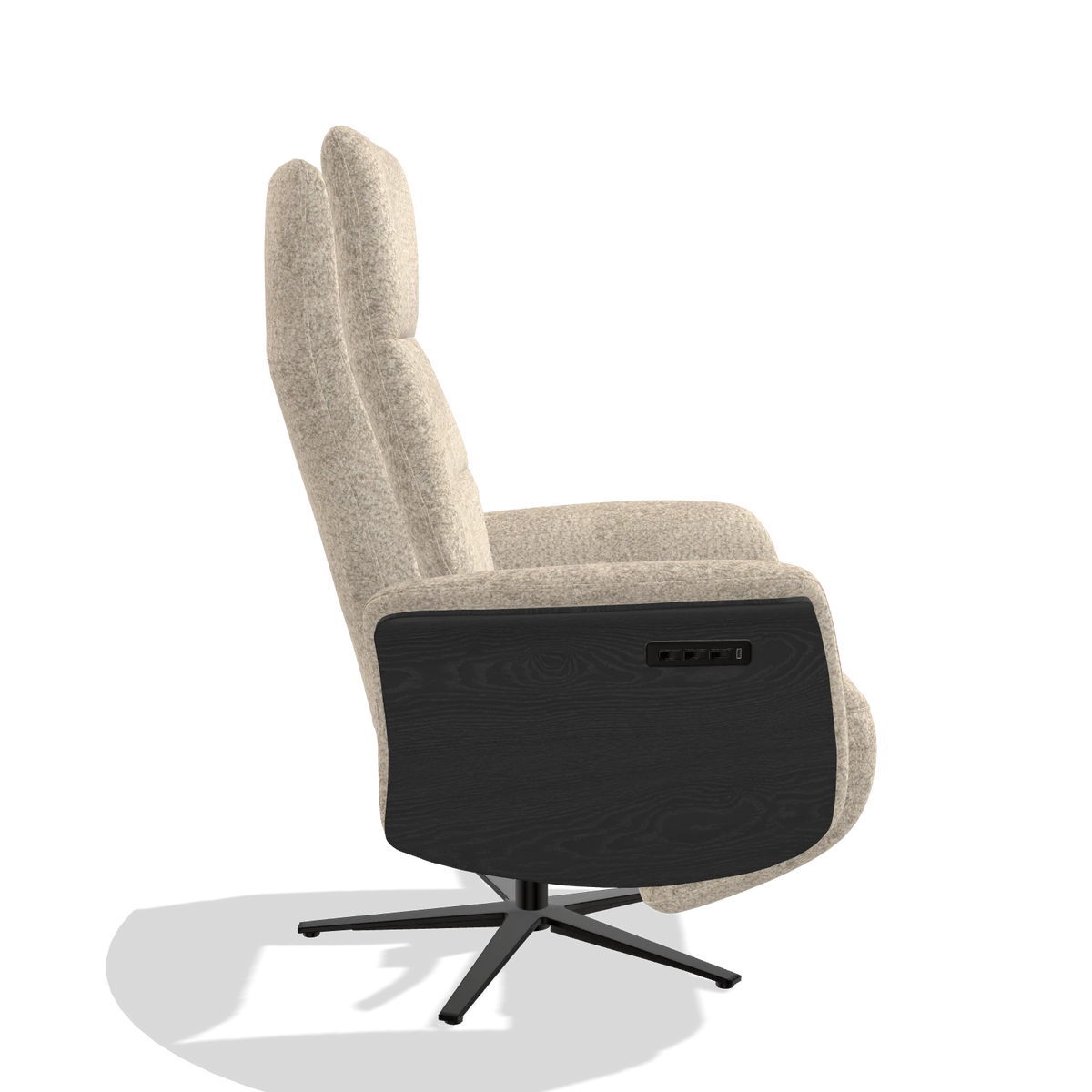Recliner Atlas 6685 in Venga 214 fabric (light grey), black wood side panels, black metal base, side view