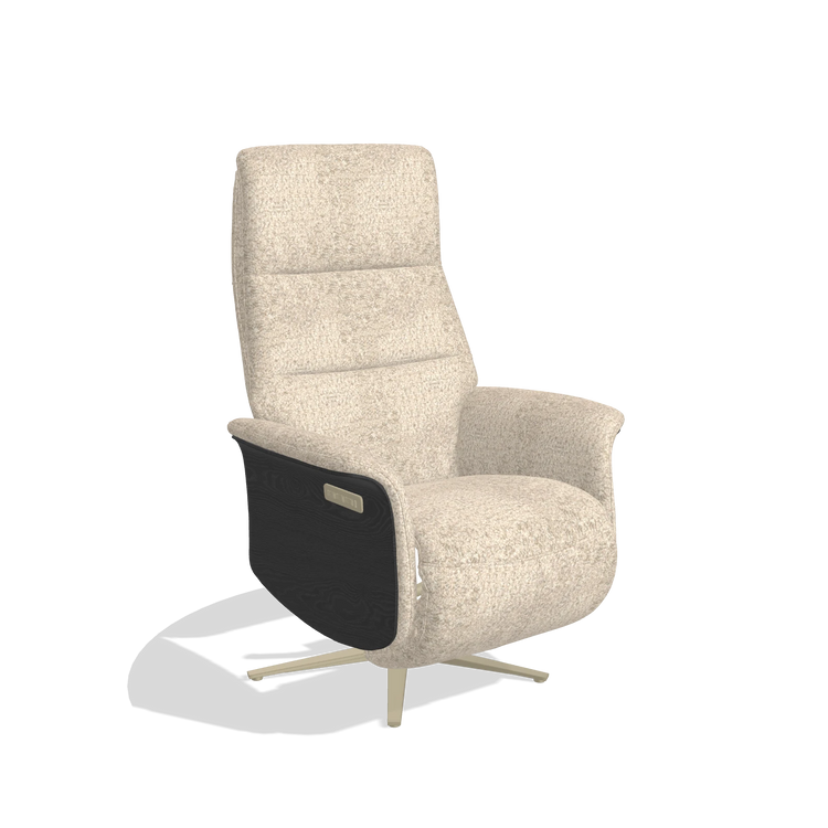 Recliner Atlas 6685 in Venga 214 fabric (light grey), black wood side panels, champagne metal base, angled view