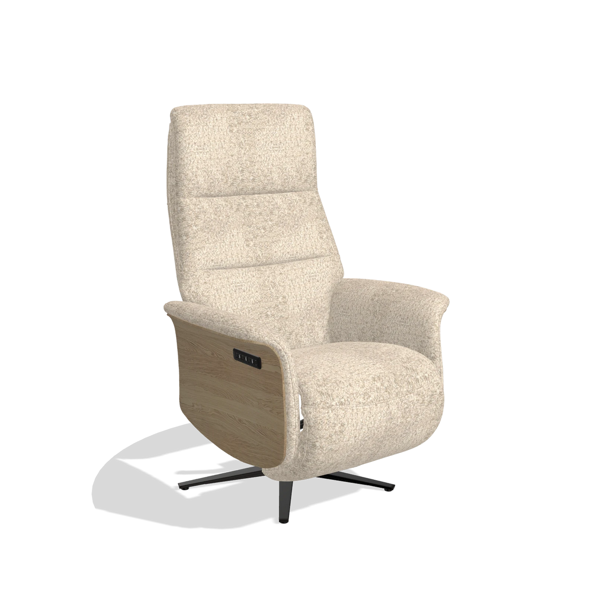 Recliner Atlas 6685 in Venga 214 fabric (light grey), natural wood side panels, black metal base, angled view